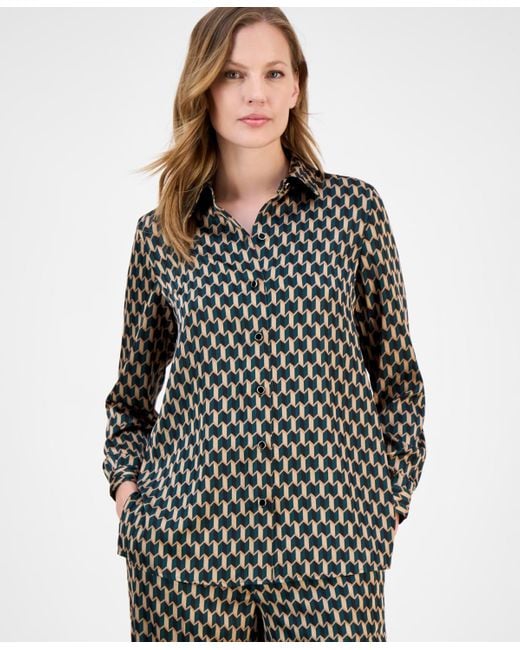 Anne Klein Black Printed Collared Button-down Blouse