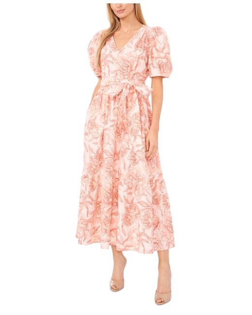 Cece Pink Floral Puff-sleeve Tie-front Maxi Dress