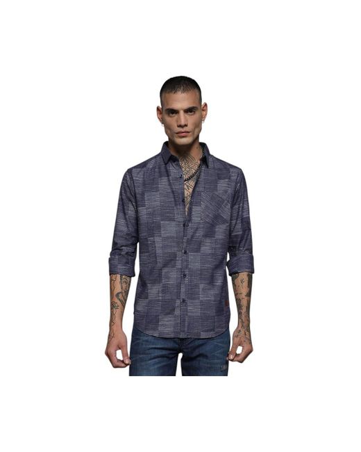 Campus Sutra Men's Blue Steel Heathered Denim Check Shirt
