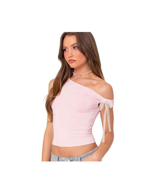Edikted Pink Lace Bow Asymmetric Top