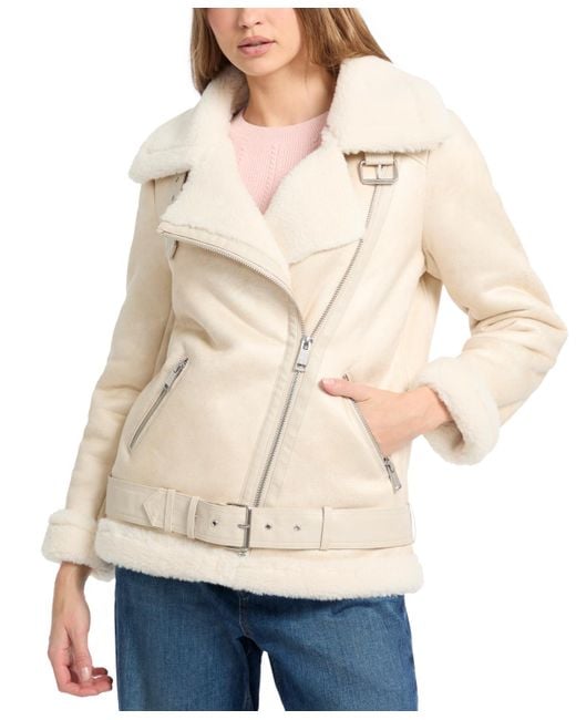 Guess Natural Faux-shearling Asymmetric Moto Coat