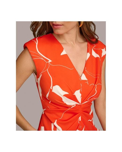 Donna Karan Red Printed V-neck Draped-front Dress