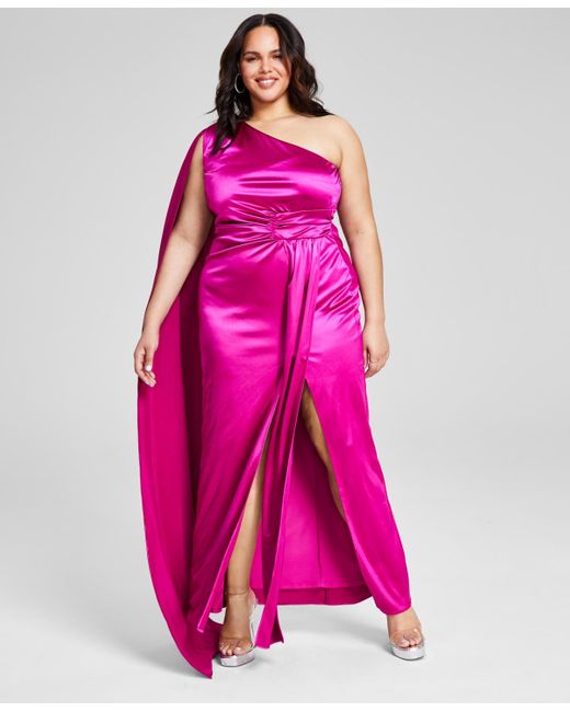 City Studios Pink Trendy Plus Size Flyaway-cape Satin Gown