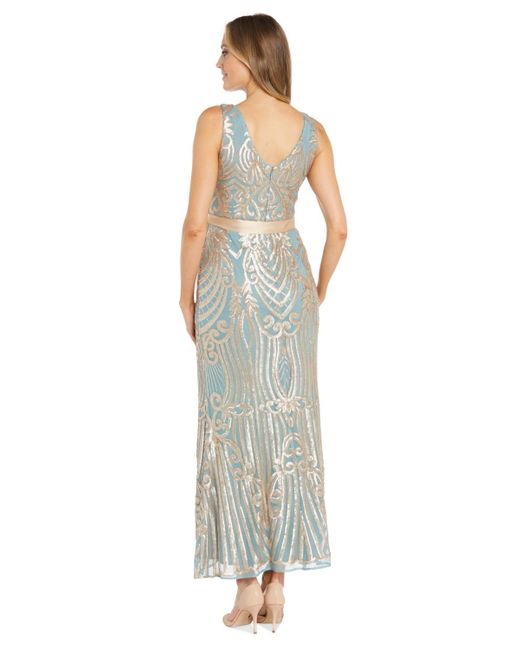 R & M Richards White Sequin-embellished Gown
