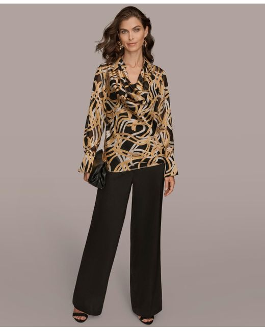 Donna Karan Brown Long Sleeve Burnout Cowl Neck Top