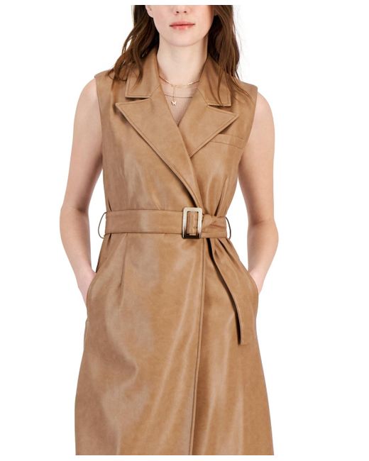 Avec Les Filles Brown Faux Leather Sleeveless Midi Trench Coat
