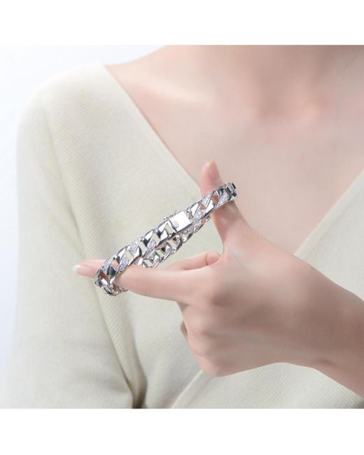 Genevive Jewelry Metallic Sterling Iced Out Cubic Zirconia Braided Cuban Chain Bracelet