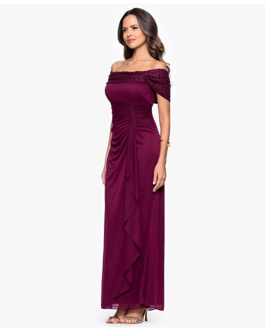 B & A by Betsy and Adam Purple Betsy And Adam Long Off-the-shoulder Dress