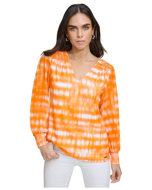 Calvin Klein Orange Printed V-neck Blouson-sleeve Top