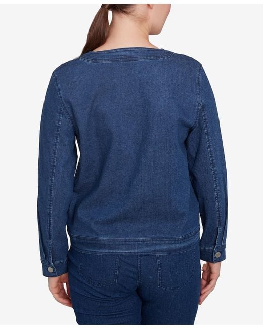 Ruby Rd Blue Petite Dark Stretch Denim Embroidered Jacket