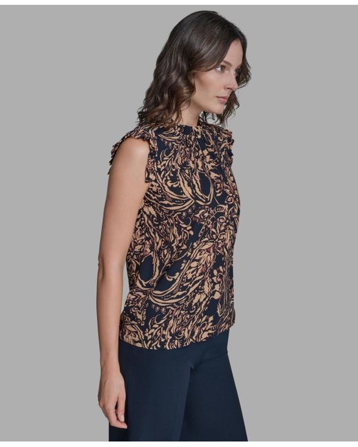 BCBGMAXAZRIA Blue Printed Mock Neck Blouse