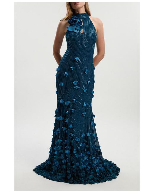 Karen Millen Blue Woven Maxi Rosette Maxi Dress