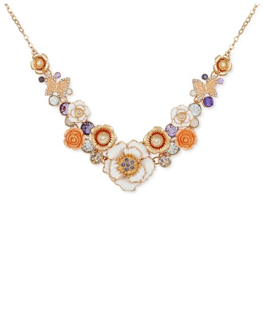 Guess Metallic Tone Mixed Color Stone Flower Statement Necklace