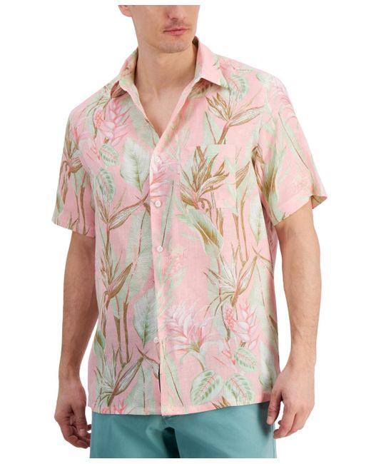 Club Room Pink Hero Short Sleeve Button Front Palm Print Linen Shirt for men