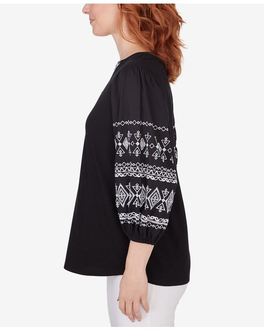 Ruby Rd Black Petite Split Neck Embroidered 3/4 Sleeve Knit Top
