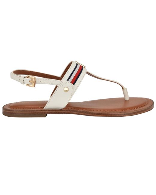 Tommy Hilfiger Brown Gabry Signature Stripe T-strap Flat Sandals