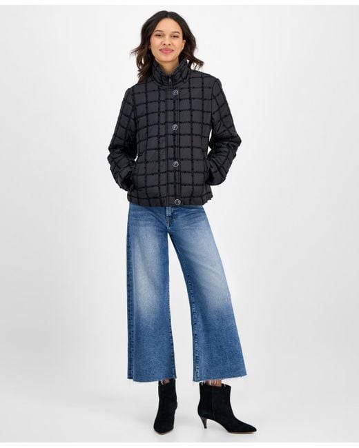 Cece Blue Short Boucle Windowpane Quilted Coat