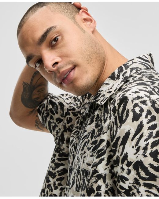 Mode Of One Black Relaxed-fit Leopard-print Button-down Camp Shirt for men