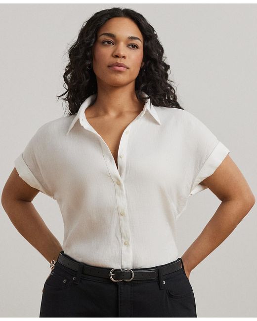 Ralph Lauren Blue Plus Size Linen Dolman Sleeve Top