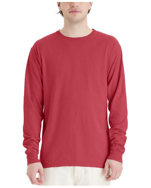 Hanes Red Garment Dyed Long Sleeve Cotton T-shirt