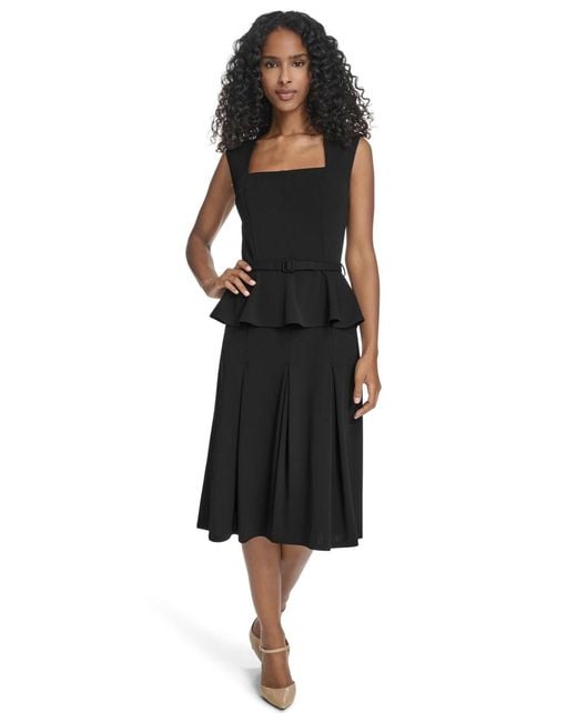 Calvin Klein Black Square-neck Belted Midi Dress