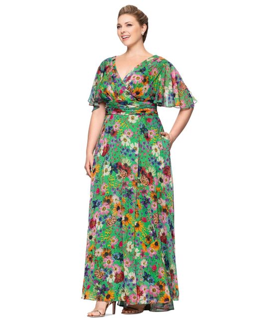 Betsy & Adam Green Plus Size Floral-print Flutter-sleeve A-line Dress