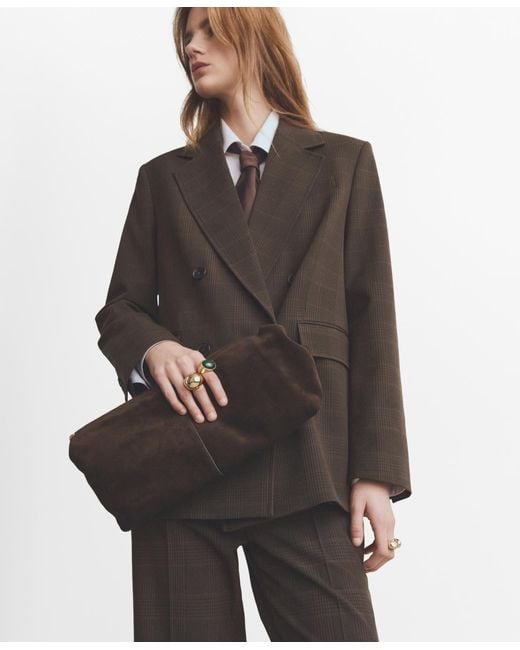 Mango Gray Double-breasted Check Suit Jacket