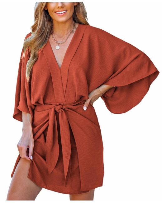 CUPSHE Red Light Brown V-neck Kimono Sleeve Mini Beach Dress