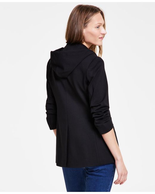 Anne Klein Blue Detachable Hooded Notch-collar Compression Jacket