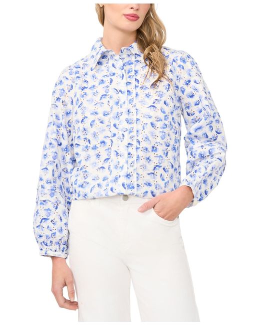 Cece Blue Floral Collared Button-down Top