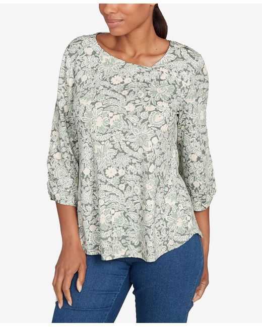 Ruby Rd Gray Petite Floral Dew Drop Ruched Sleeves Top