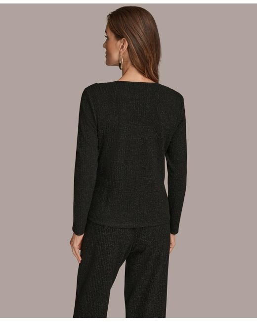 Donna Karan Black Long Sleeve Metallic Rib Knit Top