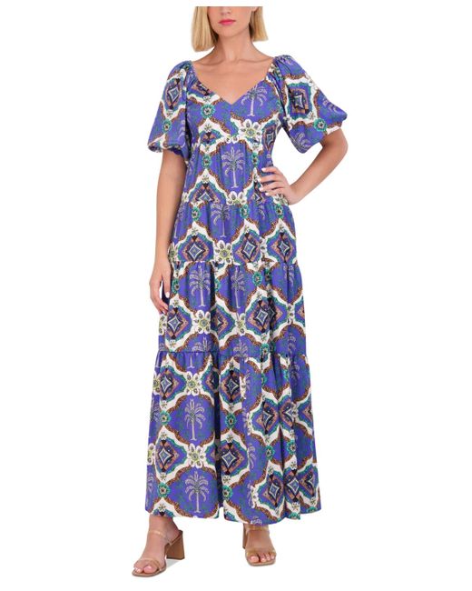 Vince Camuto Blue Printed Puff-sleeve Maxi Dress