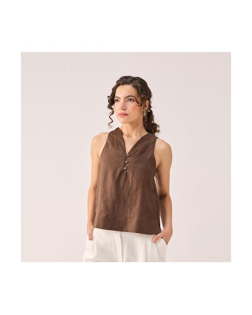 REISTOR Brown Button Neck Top