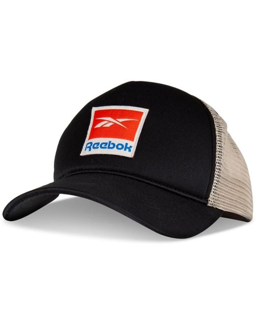 Reebok Black Embroidered Logo Patch Snapback Trucker Hat for men