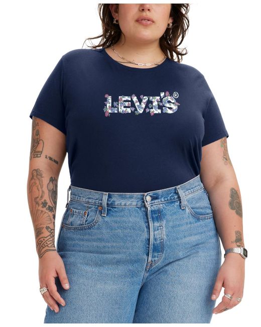 Levi's Blue Trendy Plus Size Perfect Logo Cotton Short-sleeve T-shirt