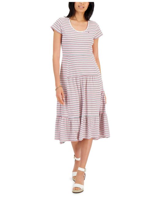 Tommy Hilfiger Synthetic Striped Tiered Midi Dress | Lyst