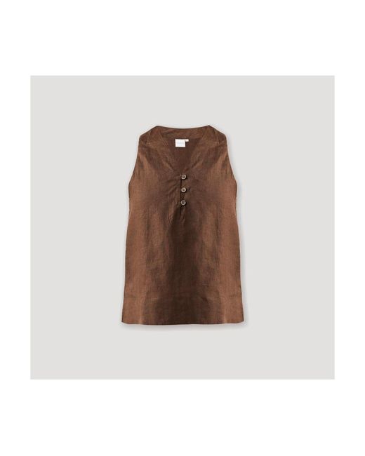 REISTOR Brown Button Neck Top