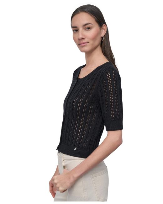 DKNY Black Crewneck Short-sleeve Cardigan Cable Pointelle Cardigan Sweater