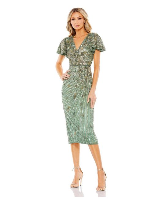 Mac Duggal Green Embellished Faux Wrap Flutter Sleeve Dress
