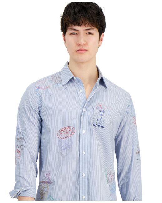 Guess Blue Coastal Stripe Stamp-print Button-down Shirt for men