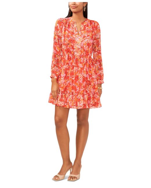 Vince Camuto Floral Printed Long Sleeve Split Neck Tiered Baby Doll Dress