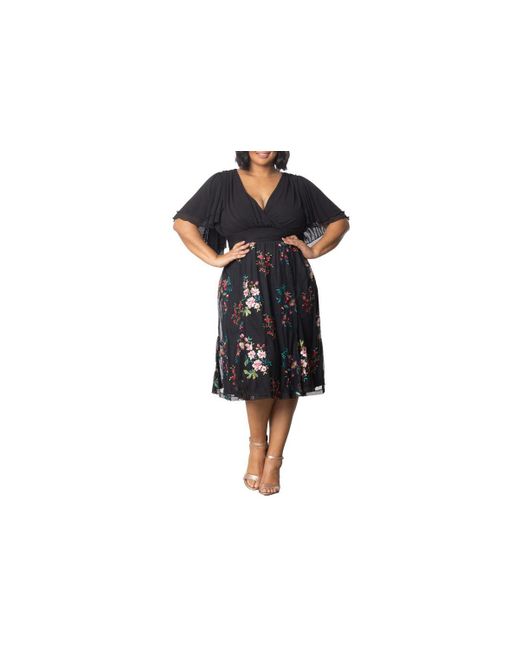 Kiyonna Black Plus Size Lillian Embroidered Mesh Midi Cocktail Dress
