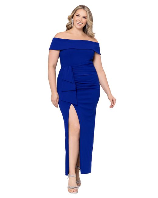 Xscape Blue Plus Size Off-the-shoulder Gown