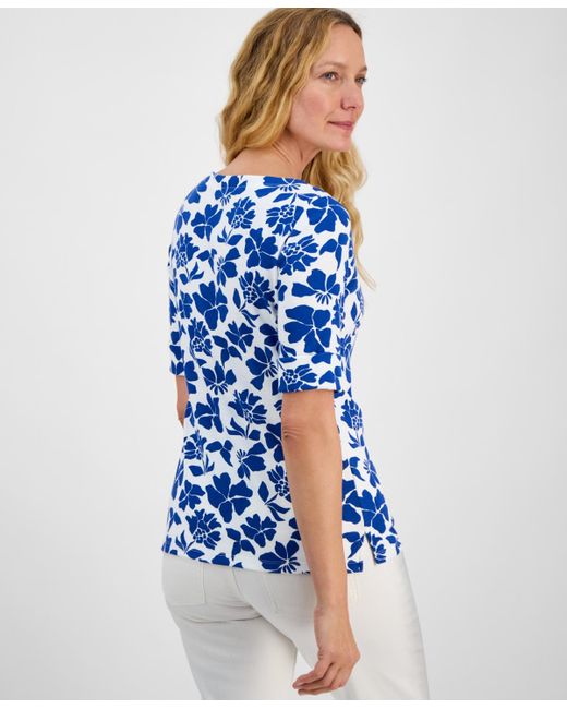 Style & Co. Blue Printed Boat-neck Elbow-sleeve Top