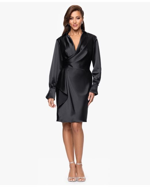 xscape long sleeve dress Xscape Petite Size Long Sleeve Collared V-Neck Satin Dress