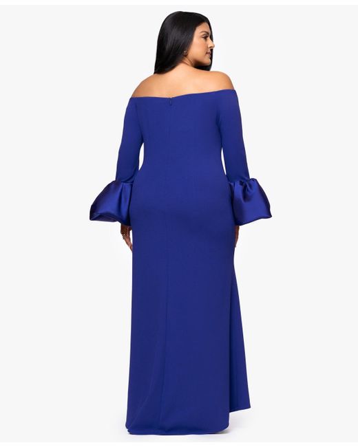 Betsy & Adam Blue Plus Size Scuba Bell Sleeve Off-the-shoulder Long Dress