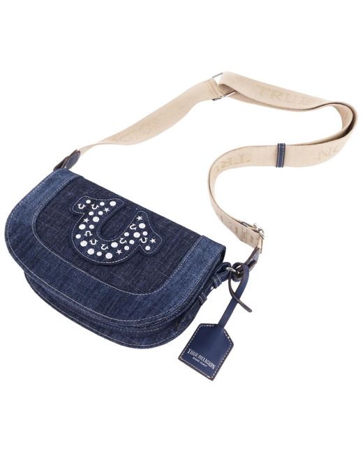 True Religion Blue Studded Horseshoe Denim Flap Bag