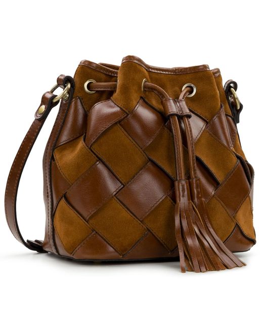 Patricia Nash Brown Bellona Small Leather Weave Drawstring Bag
