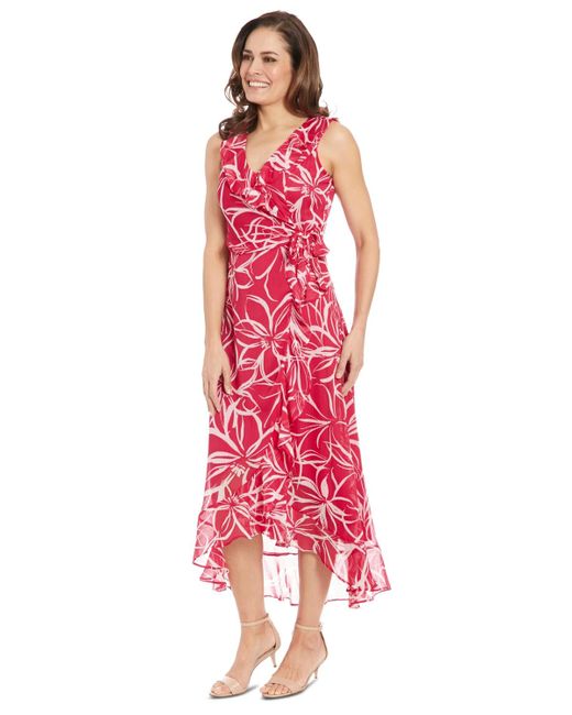 London Times Red Petite Floral-print Ruffled Maxi Dress